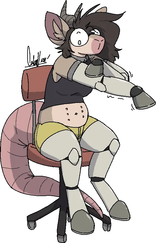 pebble sitting on a chair, putting on her prosthetic arm