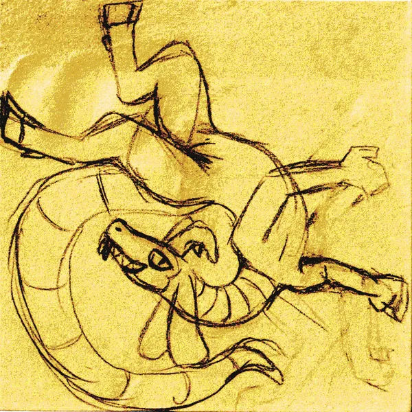 vlujo, a snake goat demon chimera, drawn on a yellow sticky note. his back and long neck are bent backwards unnaturally, his arms gesturing vaguely as he looks at the viewer with a confident expression and toothy grin. his hooved legs are pushed up against the sides of the paper, his large bulky tail curled backwards, barely fitting on the canvas. the whole drawing has a grainy overexposed feel to it 