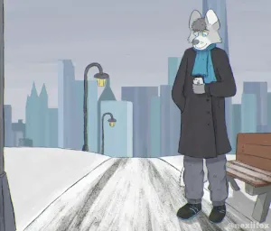 auris standing next to a bench, which is next to a path in a park. there's a low detail cityscape in the background. they're on their phone. it appears to be winter.
