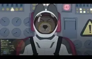 a cinematic shot of aksai sitting inside what appears to be a spaceship. aksai is wearing a spacesuit and looking to be under a lot of stress. there are many gauges and lights behind them, moving and flickering. the shot is shaking, indicating there's a lot of movement.