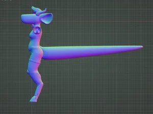 ditto, from the side. the tail is very long outstretched behind the character, and the legs have a very defined digitigrade anatomy.
