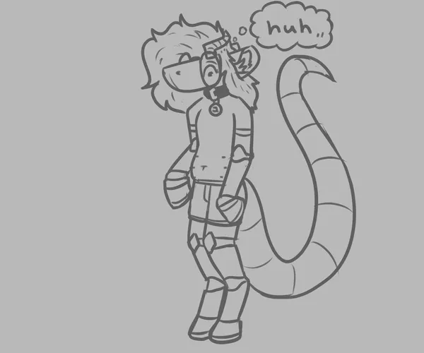 a digital sketch of pebble’s fursona. she’s standing up, looking down at her chest which is now smooth. there’s a thought bubble above her head, she’s going huh. she’s just wearing shorts. pebble’s fursona is a chimera type anthro creature with big poofy hair, a long bulky mouthless snout, big fluffy ears, a long and bulky possum-like tail, angled horns and 6 belly nipples. her limbs are mechanical, all ending in identical equine hooves. she has big round glasses and a seamless metal collar.