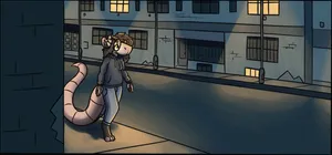 the first panel of afterhour adjustments. it's a night street scene, dimly lit  by streetlamps. pebble's walking on a sidewalk.