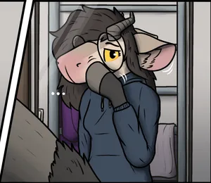 pebble looking at herself in the mirror, placing a hoof on her blank snout - the same hoof is visible off to the side of the panel