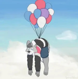 auris floating in the air with a lot of balloons strapped to them at their waist. they don't appear particularly happy about it.