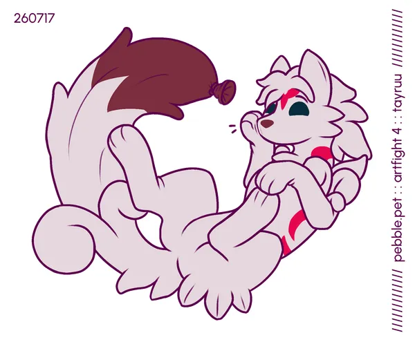 light, an inflatable balloon wolf, floating on her back, one front paw placed on top of a hindpaw, the other squishing against her smooth blank snout. she looks happy 