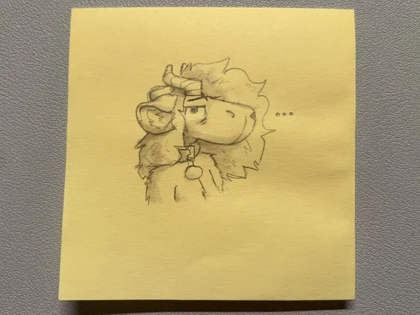 a sticky note pencil doodle of pebble shaded with alcohol markers. she looks really tired and or depressed