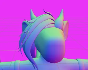 third attempt at hair, featuring individual large cartoony hair strands that look good on their own, but provide next to no volume