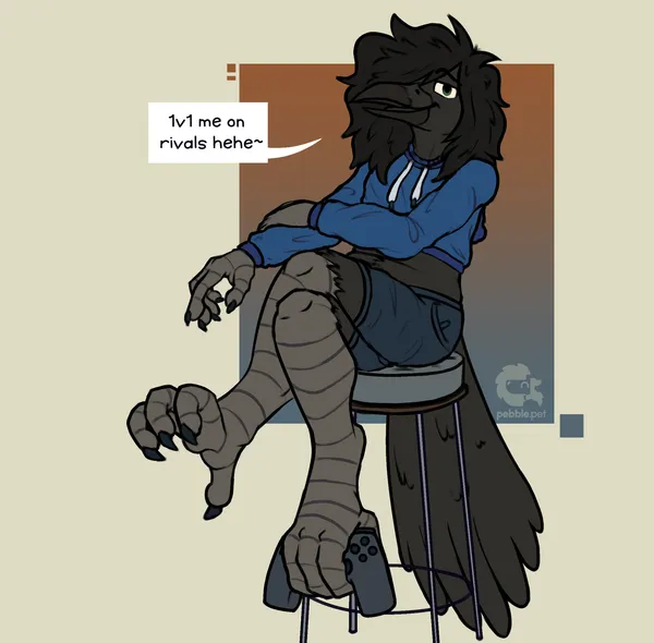 an anthro bird character sitting on a bar stool, leaning back, looking at the viewer smugly. they're resting one of their legs over the other, holding a game controller in the talon of the lower one. their arms are outstretched before them, in a casual resting pose. there's a speech bubble next to them, with "1v1 me on rivals hehe~" written on it.