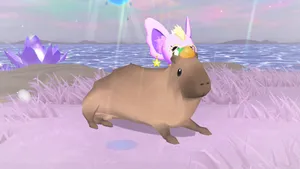 a sunfluffs screenshot. a regular capybara is seen in the center, with an orange on its head. behind it the head of the main character is barely visible.