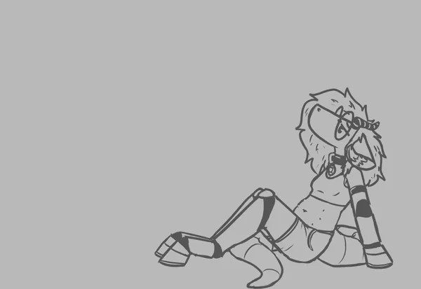 a two color digital sketch; pebble is sitting down on the bottom right corner of the screen, supporting herself with her arms, looking up longingly, appearing sad with her ears down. most of the image is empty/blank. pebble's fursona has a big blocky snout, short curved horns, large ears, big poofy hair and no mouth. she wears large round glasses and a solid steel collar with a “karma 2” symbol on it. she has 6 belly nipples on her pudgy tummy.