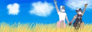 a wide drawing of my two old ocs, auris and aksai, running in a yellow field together, bright blue sky in the background, they both look happy; one of the clouds in the background looks like a samoyed dog and has a very faint dog face on it