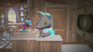 a sunfluffs screenshot. the interior of a clothing store, with a sheep shopkeep in the middle. various clothes can be seen in the background, some of them with pride flags, including a rubber pride flag.