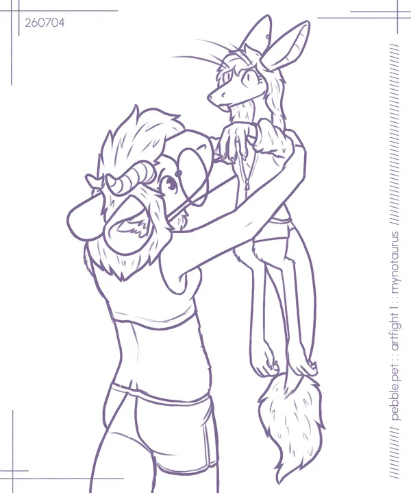 myno, a yinglet, dressed in modern clothes, being held up by pebble. myno's expression is a blank stare, like that one picture of a cat being held up with its arms outstretched