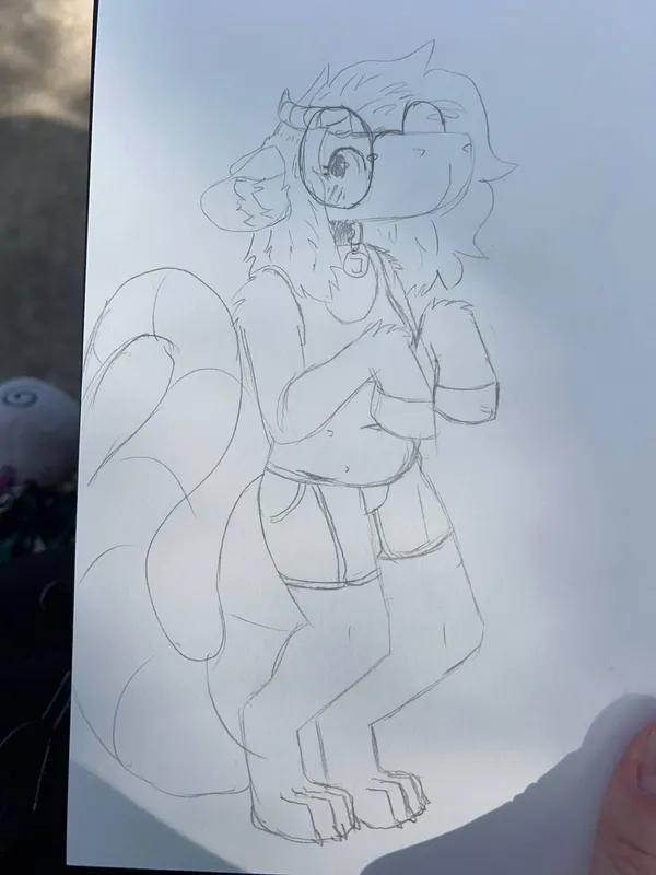 a photo of a sketchbook drawing. the drawing is of pebble's fursona, an anthro chimera creature. it's standing up, blushing, looking away from the viewer, its front hooves in front of it in a puppy/raptor type pose. 