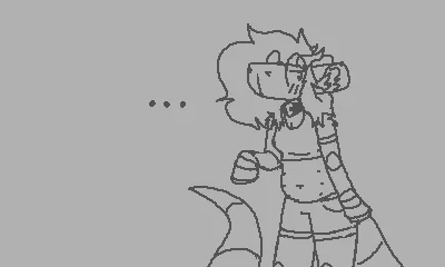 a small pixelated two-color artwork of pebble looking all flustered. she's blushing and looking to the sides. there are three dots next to it.'