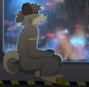 aksai, one of my old fox ocs, sitting peacefully next to a large window, holding a cup of coffee, looking out longingly with a smile on his face. he's viewed from the side / behind. outside of the window is a blurred scene, it looks like nighttime in some sort of futuristic city, not much can be made out. a depth of field effect is used to guide the viewer's attention to their face