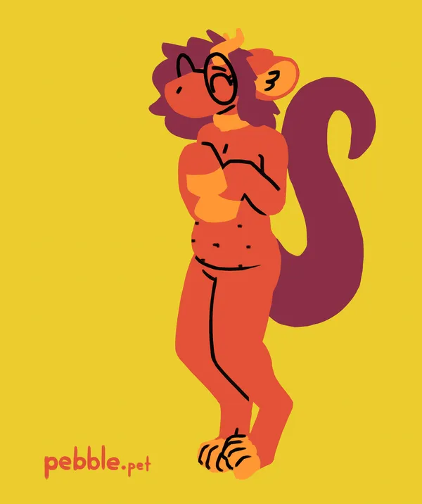a lineless solid colour digital drawing of pebble on a bright yellow background. her usual colours are replaced with bright saturated reds and oranges. she's seen from a 3/4 angle, standing, her forehooves in front of her in a raptor-like pose, one over the other, her tail curled up behind her, one of her footpaws gently rubbing over the other. she looks happy. pebble's features of note: big thick tail, big bulky mouthless snout, big fluffy ears, goofy cartoonish oversized haircut, short dragon-like horns, a collar, equine front hooves, a soft pudgy tummy with 6 belly nipples, a blank crotch, and digitigrade footpaws