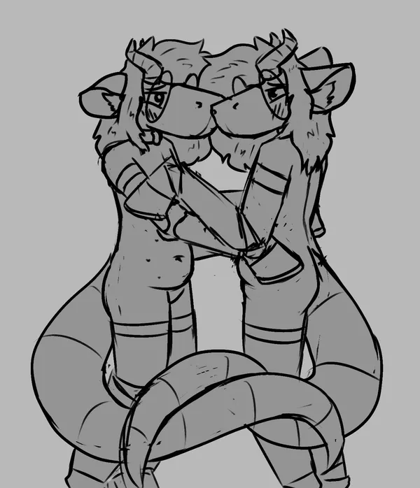 two pebbles standing in front of one another naked, placing their hooves on each other, touching their blank mouthless snouts together, blushing, enjoying an intimate moment together. their tails are placed one on top of another as they look at each other