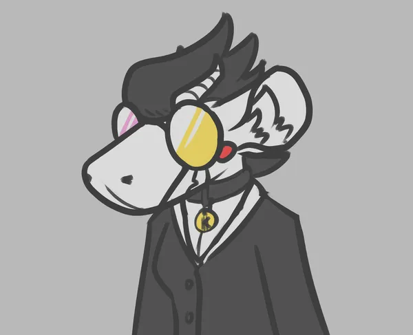 pebble’s fursona, but she looks like spamton from deltarune, complete with the two-color sunglasses, black suit, and slick hairstyle. she appears to be grinning.
