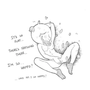 a cartoony feminine character lying down, crying happily, one hand down on their crotch; text around the character says the following: it's so flat ... there's nothing there ... i'm so ... happy? ... why am i so happy?