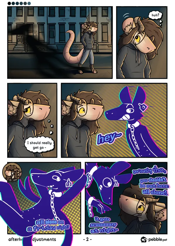 The second page of Afterhour Adjustments. pebble continues down the dark city street. A shadowy figure can be seen running past her in the foreground. pebble's ears perk up, and she looks behind herself confused. she looks ahead, really worried, thinking to herself 