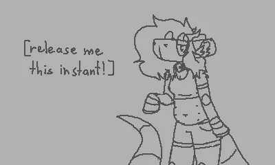 a small pixelated two-color artwork of pebble looking all flustered. text in square brackets says 'release me this instant!'
