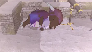 a sunfluffs screenshot. a sheep-like character is lying down, wrapped around a much smaller creature, spooning them. their eyes are closed, and they're both smiling.