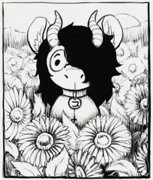 an image of pebble's fursona standing in a field of sunflowers, looking directly at the viewer. the image is black and white. its expression looks cute and innocent.