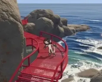 an 18 second video of 5 different scenes from big walk (a videogame); in each of these, a small 2d animated pebble is seen dancing happily. the scenes are a rocky beach, a hill with sparse vegetation, onboard a train, inside a night club and a sandy beach. a happy sounding song plays in the background, adjusted for each scene to sound like it's coming from the environment. pebble is a coffee-coloured anthro chimera creature with long fluffy hair, big ears, a big bulky mouthless snout, dragon-like horns, equine hooves for hands and a big meaty tail.