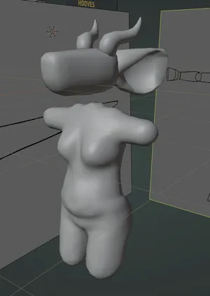 a screenshot of roughly modered core of pebble's body, head and ears, with reference pictures in the background. the head is not connected to the body.