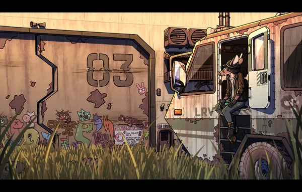 a drawn scene. on the right and in the foreground is a large strange looking vehicle. it looks very rugged and utilitarian, it kind of looks like a mix between an RV and a military truck. its exterior is rusted, its paint faded and covered in grime, it looks very old. the letters 
