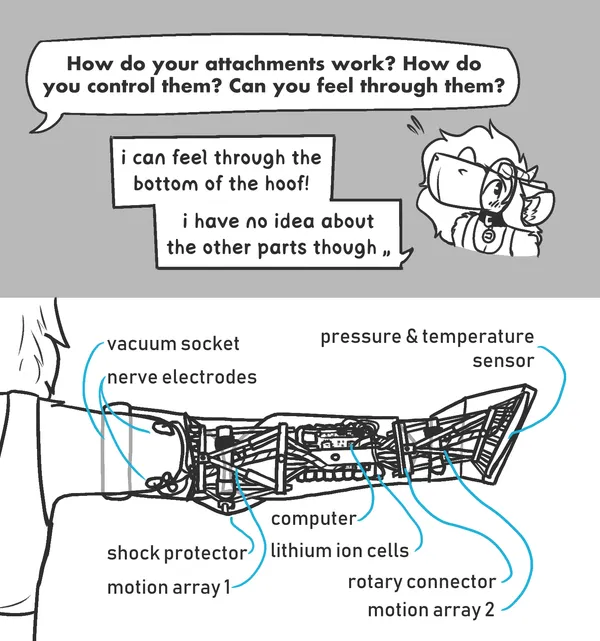 anonymous asks: how do your attachments work? how do you control them? can you feel through them? pebble answers, nervously, blushing: i can feel through the bottom of the hoof! i have no ide about the other parts though. below is a diagram of the internals of one of pebble's arms, showing a vacuum socket, nerve electrodes, motion arrays, pressure & temperature sensor at the underside of the hoof, a computer board, lithium ion cells and a shock protector at the elbow. it's all very detailed.
