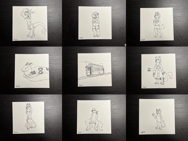 a collection of 9 traditional doodles aligned in a grid; among them are&col;a yinglet wearing a dress, a tram, a big lizard cat napping, and other silly furry critters