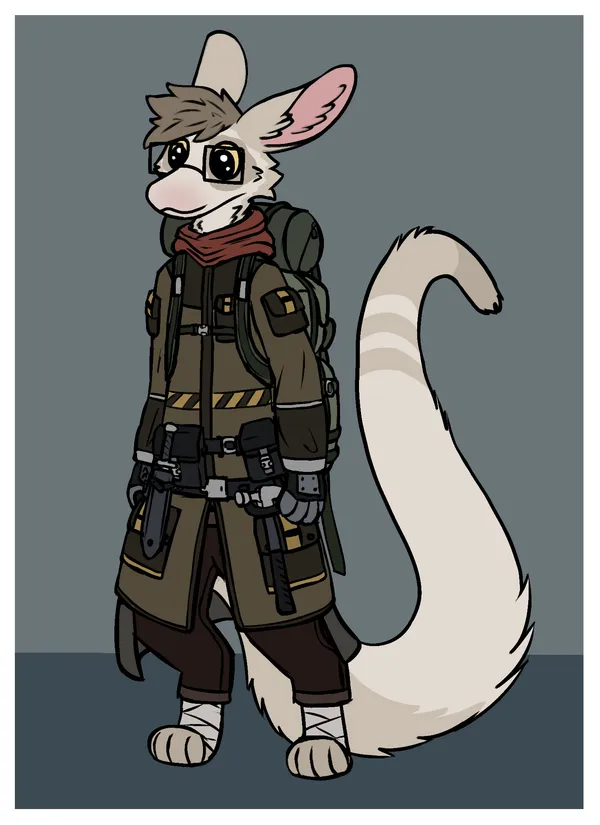 an amphimorpho wearing a rugged gritty industrial scifi outfit, standing in a resting pose, looking off to the side. the amphimorpho is light brown colored, with a blushy nose and darker spots around her eyes. her tail is very long and semi-prehensine. her outfit consists of a dark yellow overcoat with many utility pockets and thin hi-vis strips around her arms. she's wearing a utility belt over it with a holstered knife and a hammer. she has a red scarf kinda thing around her neck. on her back is a large rugged backpack, dark green in color. she's also wearing rectangular glasses