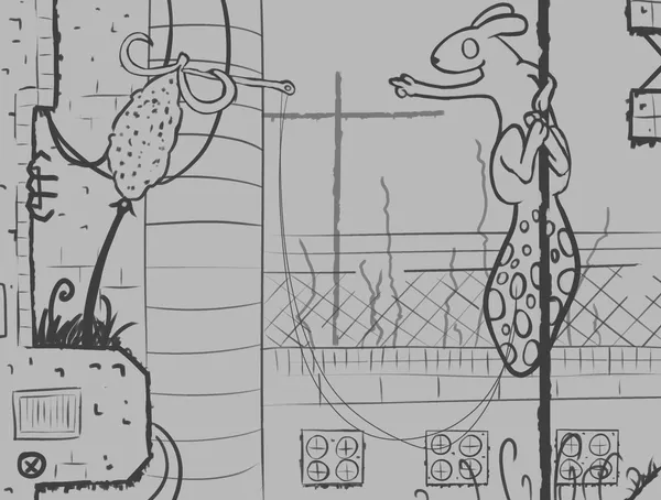a two color digital sketch of spearmaster from rain world climbing a pole, throwing one of its spears towards a popcorn plant that's growing from an otherwise unreachanble cliff. the background is a somewhat detailed rain world environment reminiscent of outskirts.