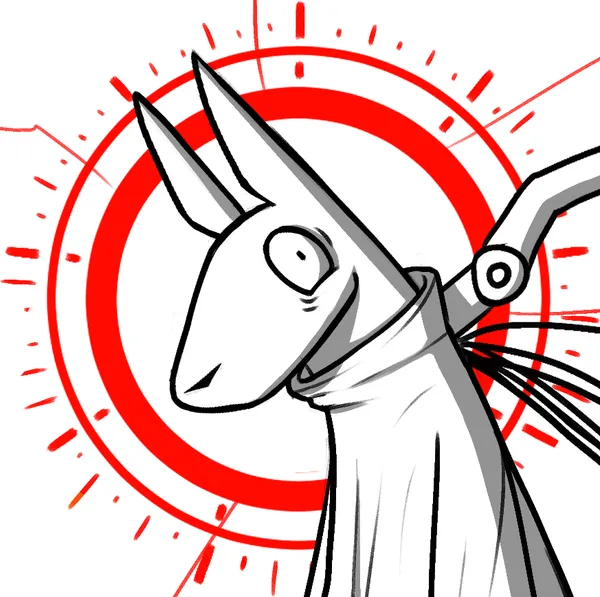 a small pale creature with sharp pointy ears and a large tail, wearing a long droopy cloak covering most of its body. it has a big red halo behind its face. the creature looks very mentally unstable, staring at the viewer, it's clearly going through a lot.