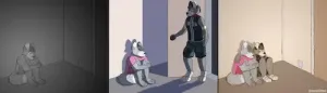 a comic strip; auris sitting on the floor, curled up in a dark room, looking to be panicking; aksai opens the door, letting light into the room. the characters are looking at each other.; aksai and auris sitting next to each other, aksai comforting auris, the scene is full of light and color now.