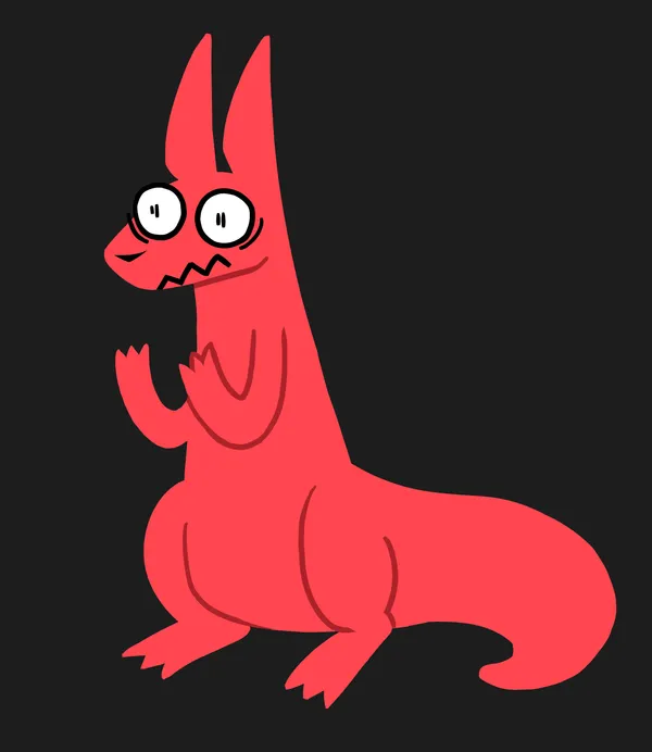 a red creature similar in shape to a slugcat. it has a long snout and long pointy ears and a thick tail. it's holding its front paws up, looking forward, clearly very anxious.