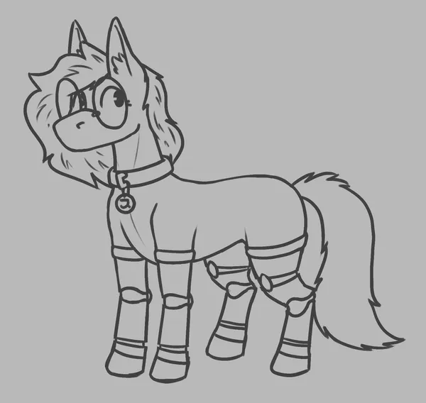 a drawing of pebble as a somewhat more realistic my little pony style pony. she keeps her usual hooved mechanical limbs, except adjusted to be more proportional to her new form. she's still mouthless, keeps her collar wiht the karma 2 tag, and she doesn't have a 