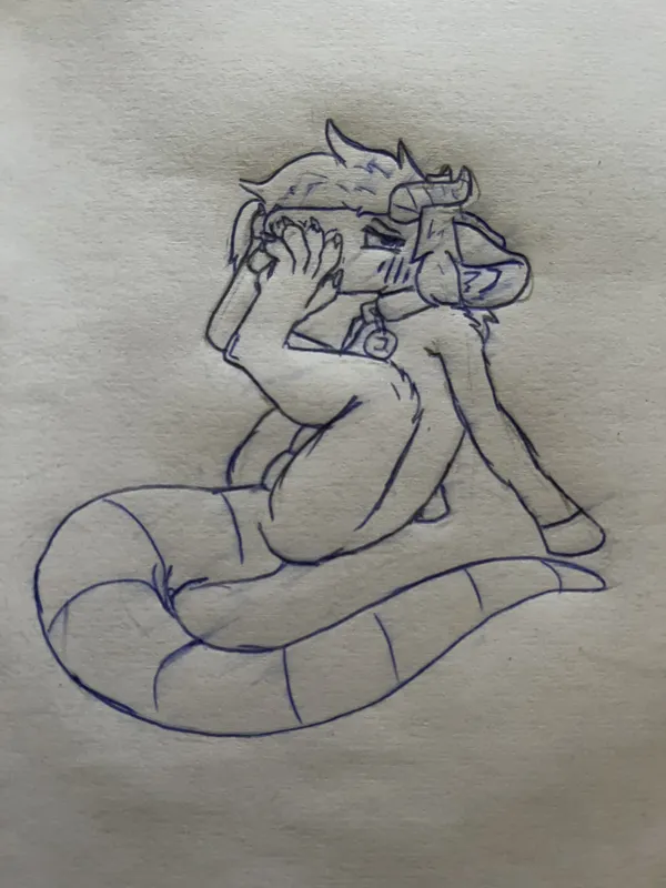 a ballpoint pen sketch on paper. it's pebble, sitting, leaning back, supporting herself with her front hooves, her footpaws on her erogenous snout, rubbing it. she's blushing, her expression suggesting she's really into it