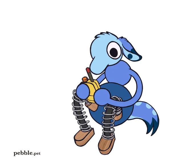 tuna's fursona drawn like a character from big walk. they're sitting, holding a walkie talkie, looking at it curiously. their body is made up of 3 spheres, their legs are kind of toy-like, being made of wood and a metal spring. 