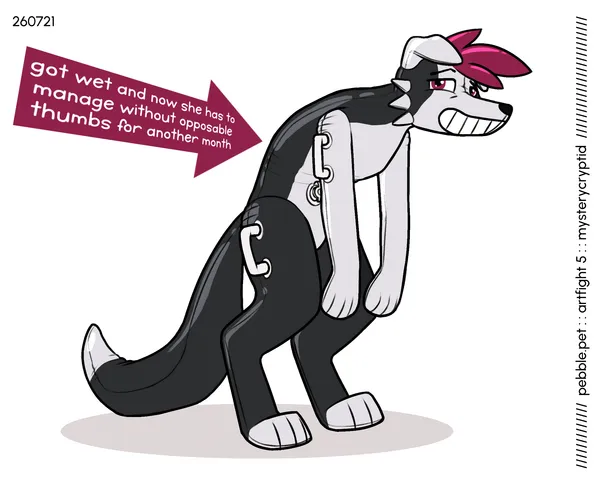 a pooltoy standing on two legs, hunched over, its arms dangling all limp as it looks at the viewer with a tired expression, its mouth stuck as a painted-on grin. she has handles on her thighs and upper arms, a single valve in place of her belly button, long digitigrade legs, and sharp looking magenta balloon hair. there's an arrow pointing to her, it says "got wet and now she has to manage without opposable thumbs for another month"