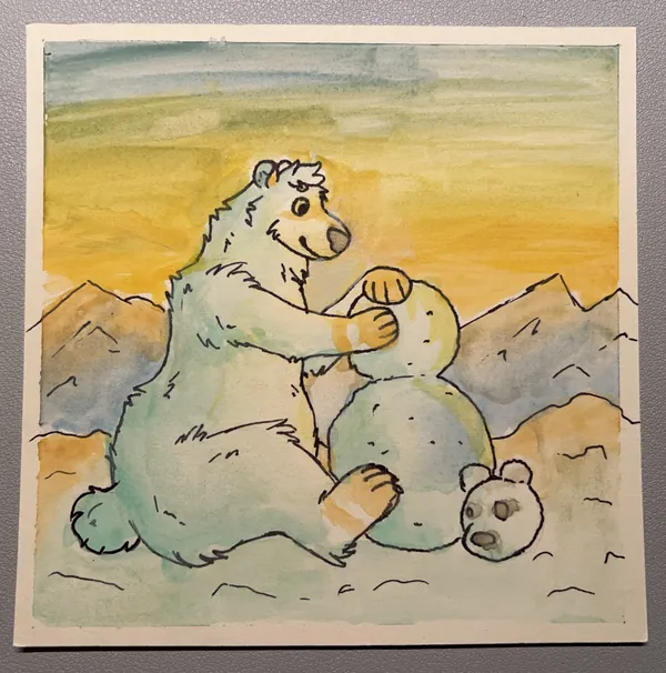 a watercolor drawing of a polar bear building a snowman. the lower 2 parts of the snowman body are finished, while the head, appearing like a bear head, is next to it on the ground. in the background mountains can be seen. the sky and the lighting of the scene suggests the sun is setting. the polar bear appears happy.