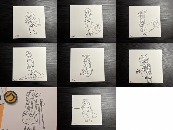 a collection of 9 traditional doodles aligned in a grid; among them are: a big robot, my owner's chubby dog sona, a plushie, a yinglet in vizlet's outfit, a silly protogen and other silly furry critters