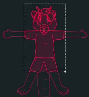 cognitive dissonance by pebble; an artwork symbolizing my struggle with biid, featuring my sona with its limbs spread out, a cursor selection area created around the parts of its body that are its own, separating them from the rest.