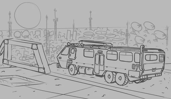a digital sketch of a rugged truck on a cliff overlooking a valley full of various kinds of machines, satellite dishes and radio towers, with large setting sun in the background. the truck has three sets of wheels, is about as long as a bus, and it appears to be designed for off road use. its front is sloped from both the top and the bottom. it has a few windows on its side, with one large split door in the middle and one small door at the front.