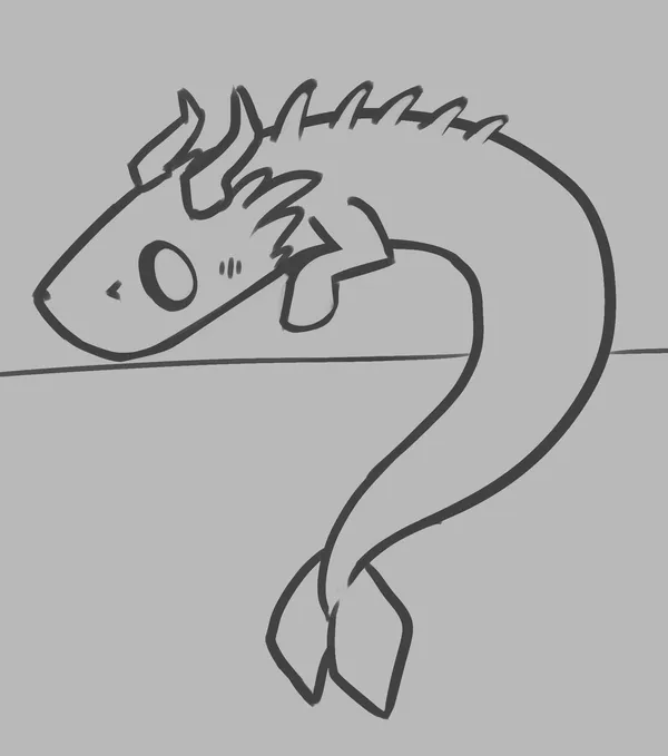 a strange looking lizard creature, it looks like an eel lizard from rain world but smaller and it has two goat-like horns. its front legs end in hooves and it has two little fins at the end of its tail. it's blushing and it looks very shy