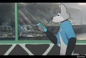 auris, my grey polar fox oc with blue eyes, walking down a futuristic looking hallway, looking down at his device that looks like a phone. he's wearing a blue futuristic looking outfit with an ID card on his chest. in the background is blurred out scifi type scene, it's clearly not art i drew. at this point in time i liked to use pics i found online as out of focus backdrops, i stopped doing this later as using others' art in mine didn't sit right with me