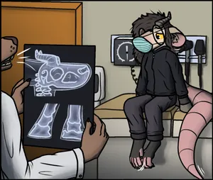 pebble at a doctor's office, sitting on an exam table/bed. she's looking away, rubbing her footpaws together anxiously, the tip of her tail swinging from side to side as it hangs off the table. she's wearing dark pants and a dark hoodie, stereotypical dysphoria clothing. her hair is all unkempt and she's wearing a facemask.